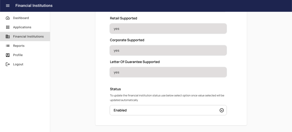 Financial Institution Details - Features and Status